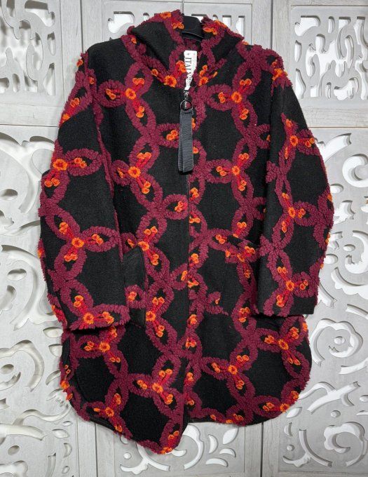 Manteau à capuche aspect laine noire Arabesques prunes orangées relief du 36 au 46/48 et même +