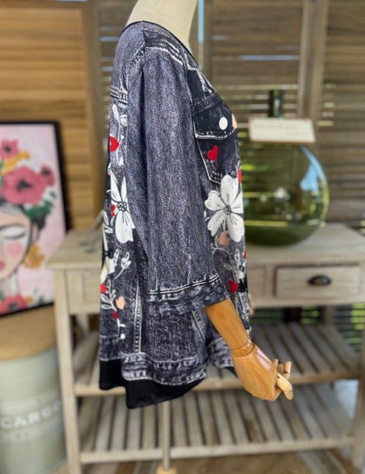 Top trapèze effet veste en jeans grisé brut La Fillette Gorjuss du 40 au 52/54