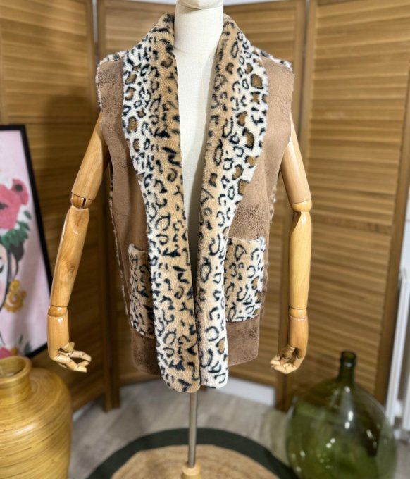 Gilet sans manches effet peau camel & Fausse fourrure Léopard du 34 au 44