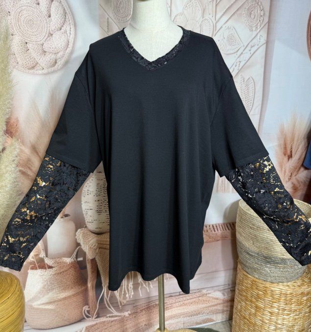 Top "2 en 1" col et manches longues en dentelle noire qualité +++ du 40 au 52/54