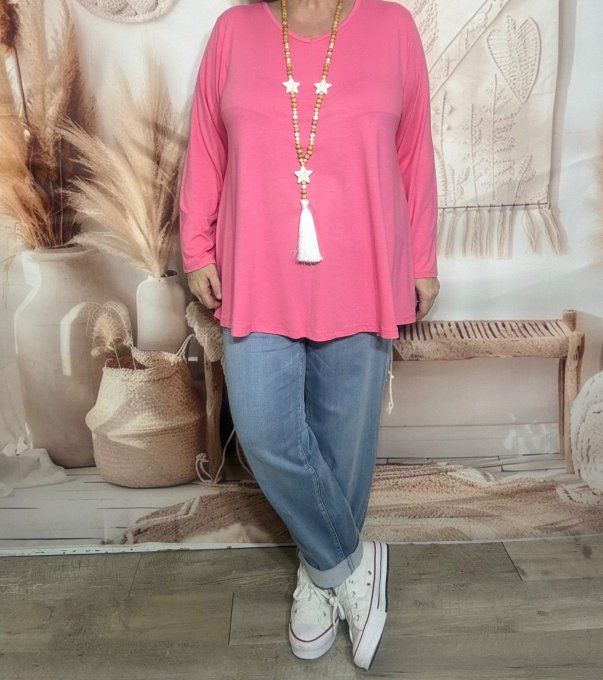 Top trapèze Rose bonbon manches longues col V collection Les Basiques du Dressing du 40 au 54