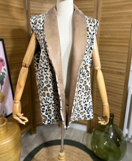 Gilet sans manches effet peau camel & Fausse fourrure Léopard du 34 au 44