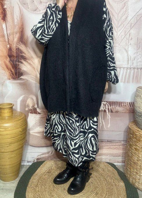 gilet mi-long sans manches ample bouclette noire du 40 au 52 