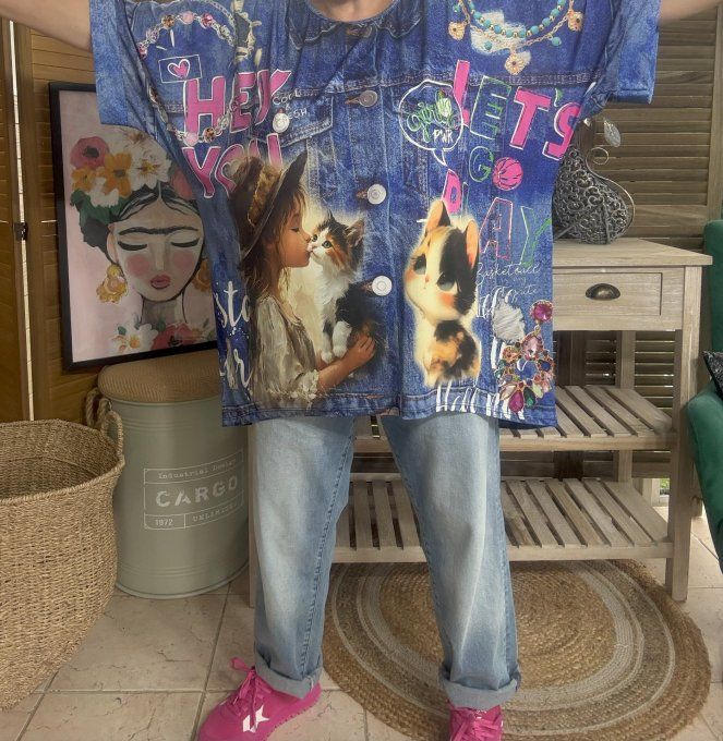 Top fluide ample effet jeans délavé Mes amours de Chats  confort +++ du 40 au 52  