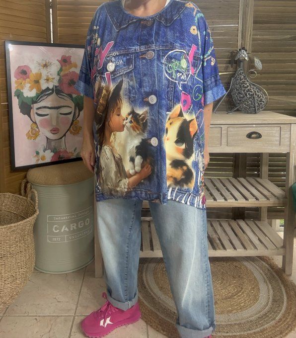 Top fluide ample effet jeans délavé Mes amours de Chats  confort +++ du 40 au 52  