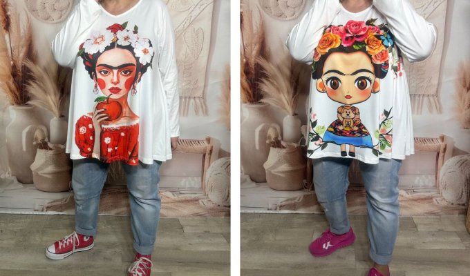 Lot de 2 Tops blancs manches longues Frida Kahlo du 42 au 56/58