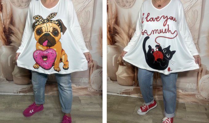 Lot de 2 Tops blancs manches longues Chat et Bouledogue du 42 au 56/58