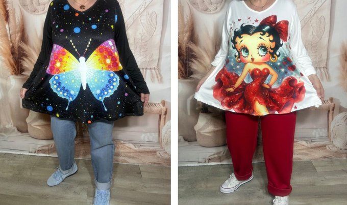 Lot de 2 Tops manches longues Papillon + Betty Boop du 42 au 56/58 