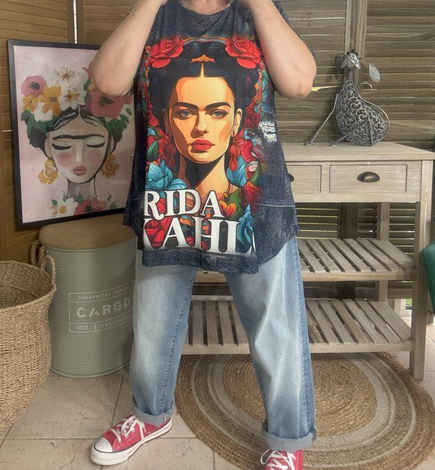 Top fluide trapèze effet jeans brut Frida Kahlo confort +++ du 40 au 50/52