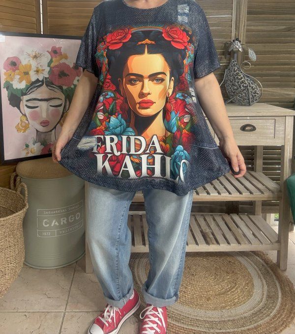 Top fluide trapèze effet jeans brut Frida Kahlo confort +++ du 40 au 50/52