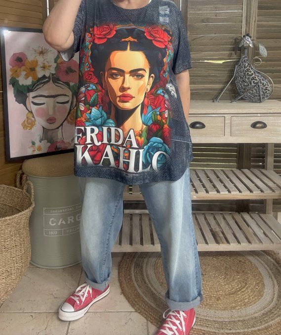 Top fluide trapèze effet jeans brut Frida Kahlo confort +++ du 40 au 50/52