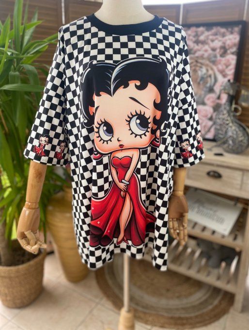 Top trapèze damier noir & blanc Betty Boop Pin up Rétro Chic du 42 au 50/52