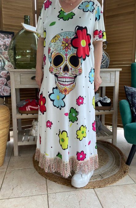 Robe longue satinée mat blanche Mexican Skulls Calaveras franges multicolores du 38 au 48/50
