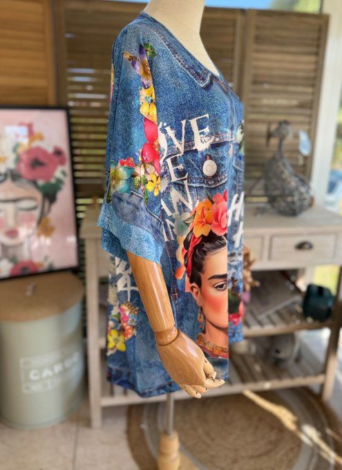 Top fluide ample effet jeans délavé Frida Kahlo confort +++ du 40 au 52  