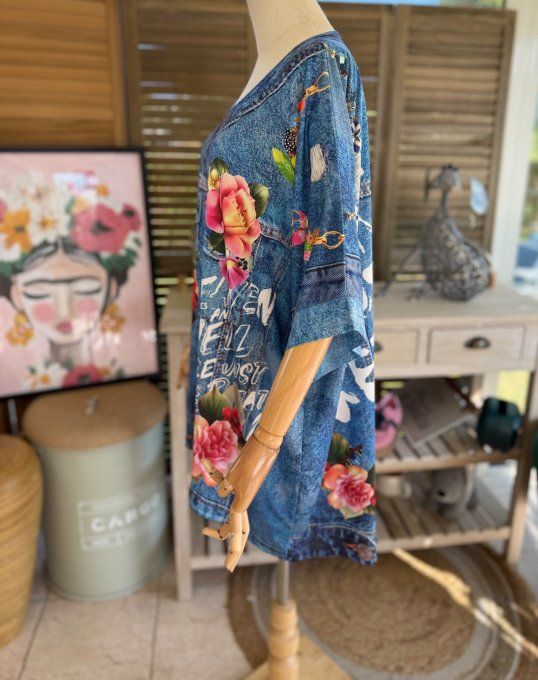 Top fluide ample effet jeans délavé Frida Kahlo confort +++ du 40 au 52  