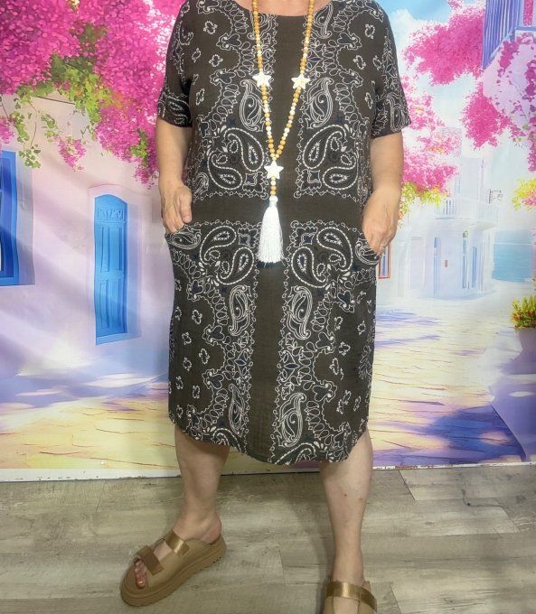 Robe courte droite coton chocolat aspect lin motifs Bandanas Paisley du 36 au 46 