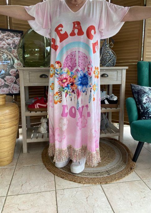 Robe longue satinée mat rose poudré Peace & Love Hippie Flowers du 38 au 48/50