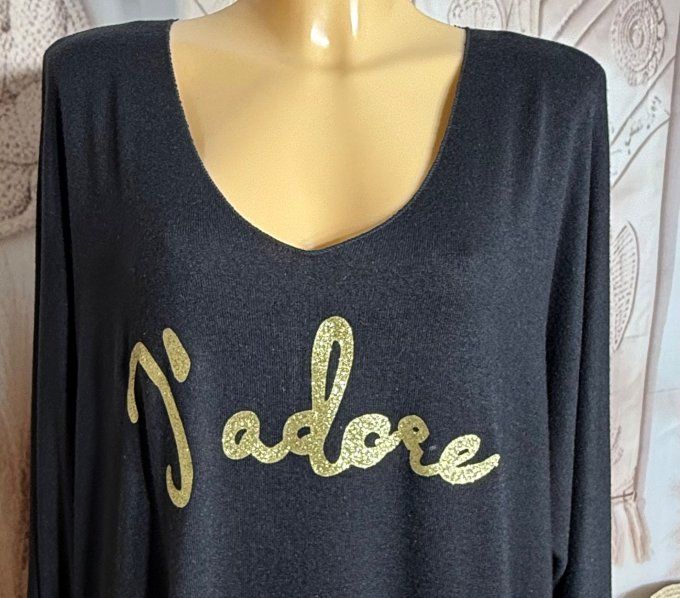 Tunique longue ou robe courte noire J'adore doré or douceur +++ du 40 au 52/54