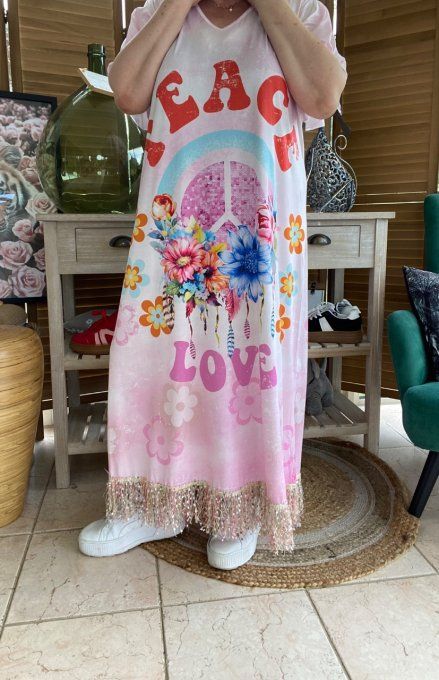 Robe longue satinée mat rose poudré Peace & Love Hippie Flowers du 38 au 48/50