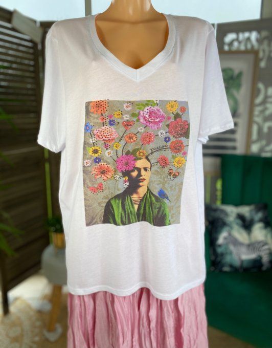 Tee-shirt manches courtes col v Frida Kahlo strass du 40 au 48/50 
