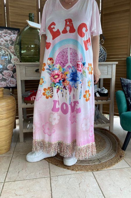 Robe longue satinée mat rose poudré Peace & Love Hippie Flowers du 38 au 48/50