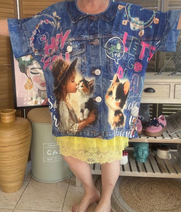 Top fluide ample effet jeans délavé Mes amours de Chats  confort +++ du 40 au 52  