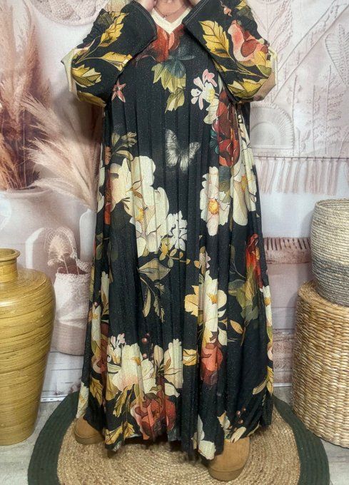 Robe longue trapèze plissée Les Fleurs d'Automne Lurex pailleté doré du 42 au 58/60