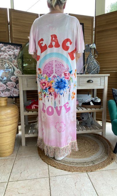 Robe longue satinée mat rose poudré Peace & Love Hippie Flowers du 38 au 48/50