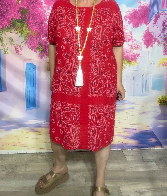 Robe courte droite coton rouge aspect lin motifs Bandanas Paisley du 36 au 46