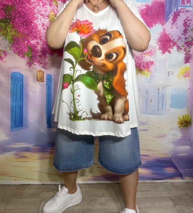 Tee-shirt trapèze écru manches courtes Col V L'adorable chien à la Fleur du 40 au 54 