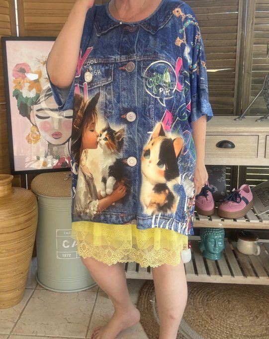 Top fluide ample effet jeans délavé Mes amours de Chats  confort +++ du 40 au 52  