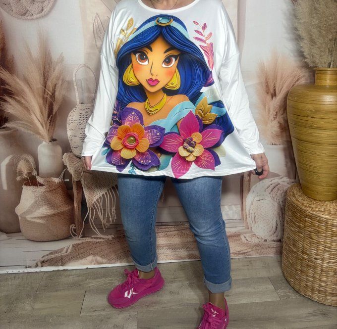 Top ample blanc manches longues Jasmine Princesse Aladin du 40 au 52/54  