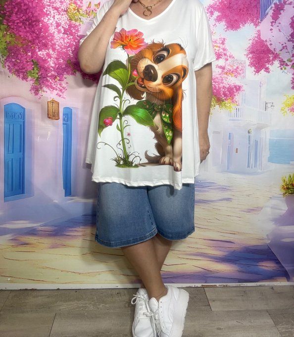 Tee-shirt trapèze écru manches courtes Col V L'adorable chien à la Fleur du 40 au 54 