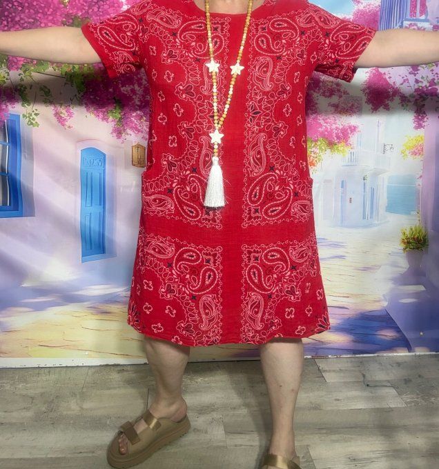 Robe courte droite coton rouge aspect lin motifs Bandanas Paisley du 36 au 46