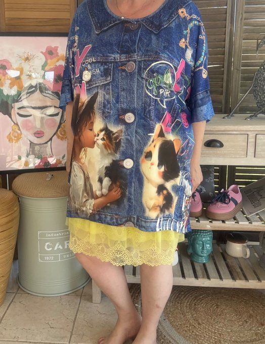 Top fluide ample effet jeans délavé Mes amours de Chats  confort +++ du 40 au 52  