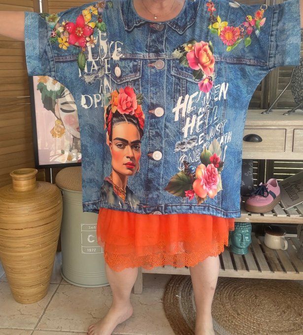 Top fluide ample effet jeans délavé Frida Kahlo confort +++ du 40 au 52  