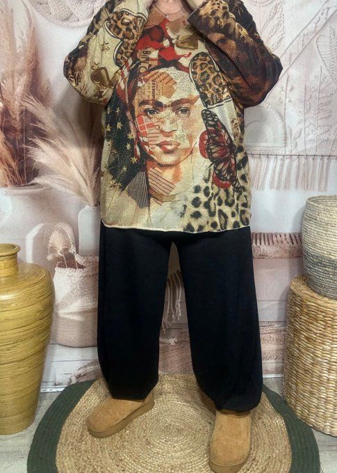 Top lurex beige pailleté doré Frida Kahlo du 38 au 48