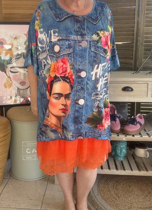 Top fluide ample effet jeans délavé Frida Kahlo confort +++ du 40 au 52  