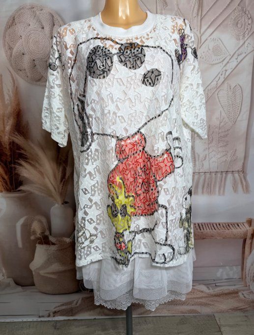 Top ample dentelle blanche Snoopy in Love du 34 au 46/48