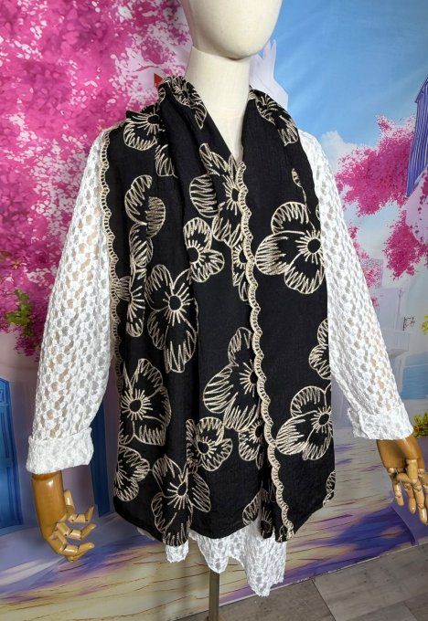 Grand Foulard Écharpe noire Fleurs brodées beiges viscose douceur ++++ TOUTES TAILLES 
