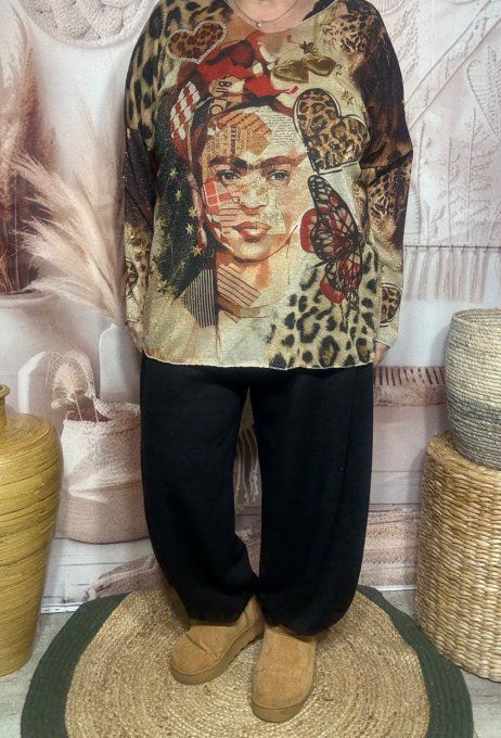 Top lurex beige pailleté doré Frida Kahlo du 38 au 48