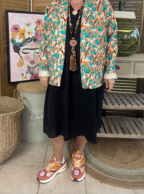 Veste matelassée coton crème Fleurs exotiques bleues et oranges du 38 au 48 et même +
