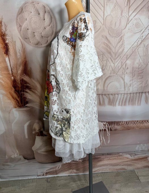 Top ample dentelle blanche Snoopy in Love du 34 au 46/48