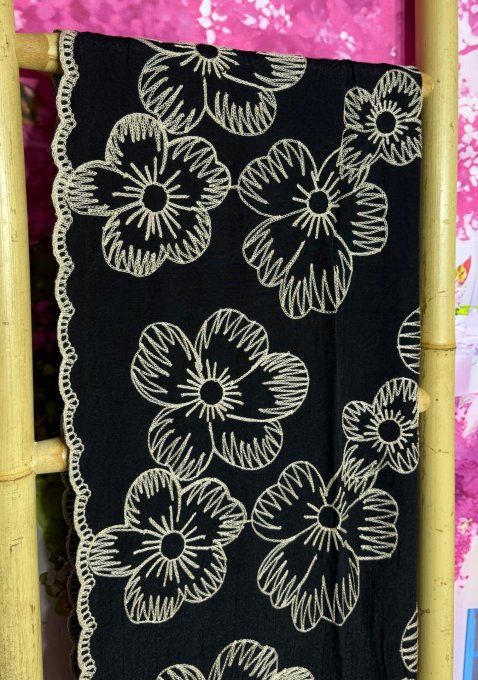 Grand Foulard Écharpe noire Fleurs brodées beiges viscose douceur ++++ TOUTES TAILLES 