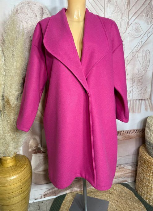 Manteau mi-long oversize polaire Rose Fuschia réglable 2 boutons douceur +++ du 40 au 50 et même +