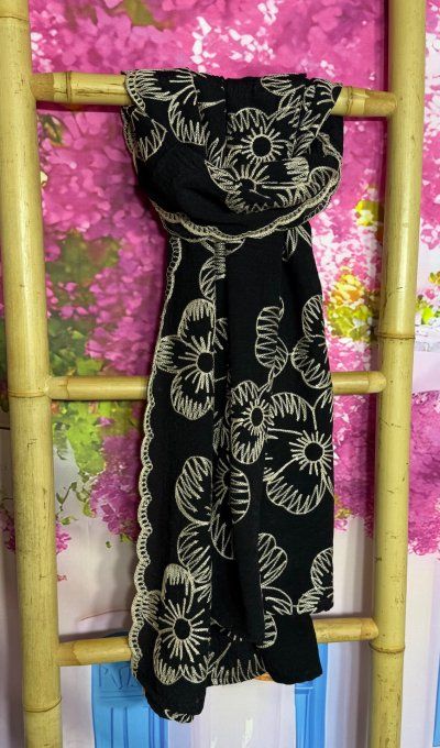 Grand Foulard Écharpe noire Fleurs brodées beiges viscose douceur ++++ TOUTES TAILLES 