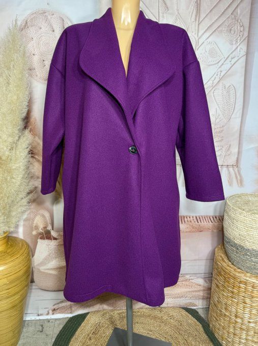 Manteau mi-long oversize polaire Aubergine réglable 2 boutons douceur +++ du 40 au 50 et même +