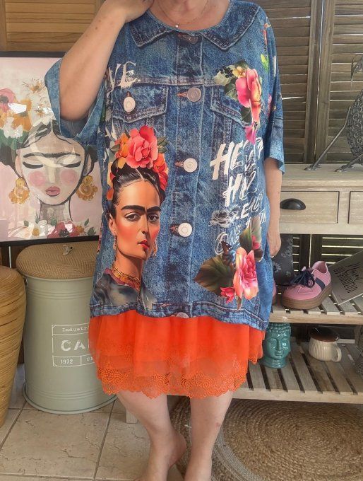 Top fluide ample effet jeans délavé Frida Kahlo confort +++ du 40 au 52  