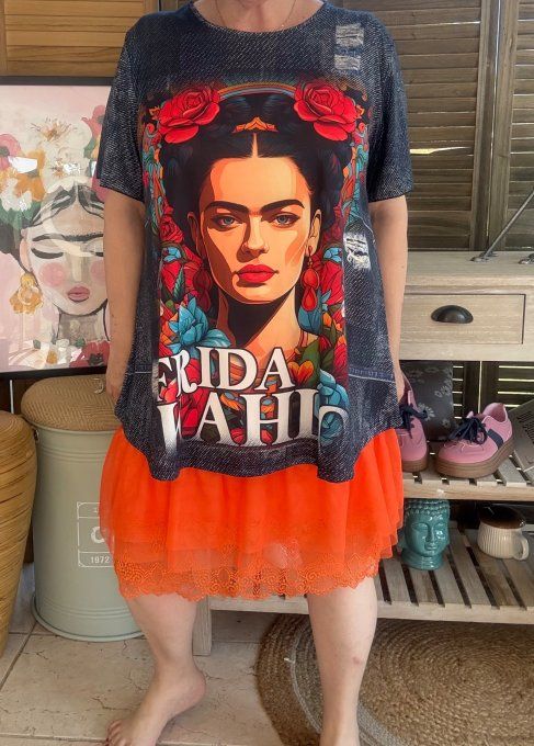 Top fluide trapèze effet jeans brut Frida Kahlo confort +++ du 38 au 50/52