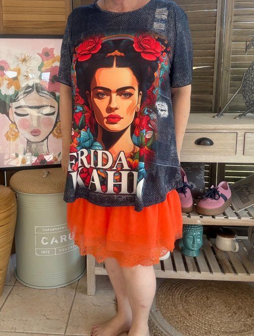 Top fluide trapèze effet jeans brut Frida Kahlo confort +++ du 38 au 50/52
